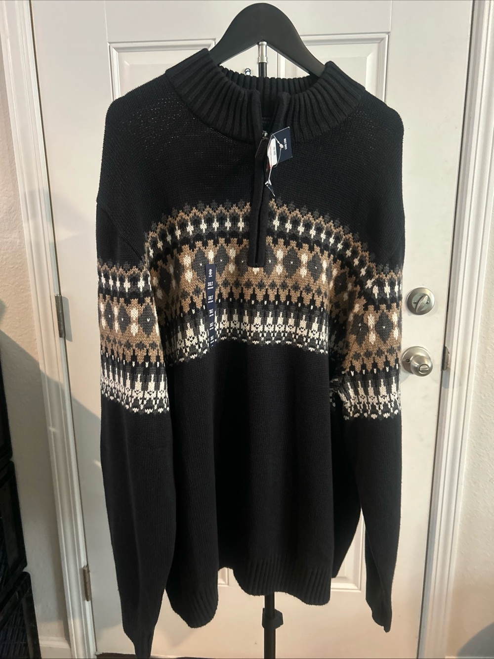 NWT IZOD Men Big & Tall 3XLT Fair Isle Quarter-Zip Pullover Sweater Black Nordic